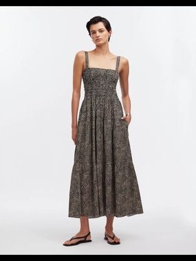 Madewell Smocked Square-Neck Maxi Dress in Black Cream Print